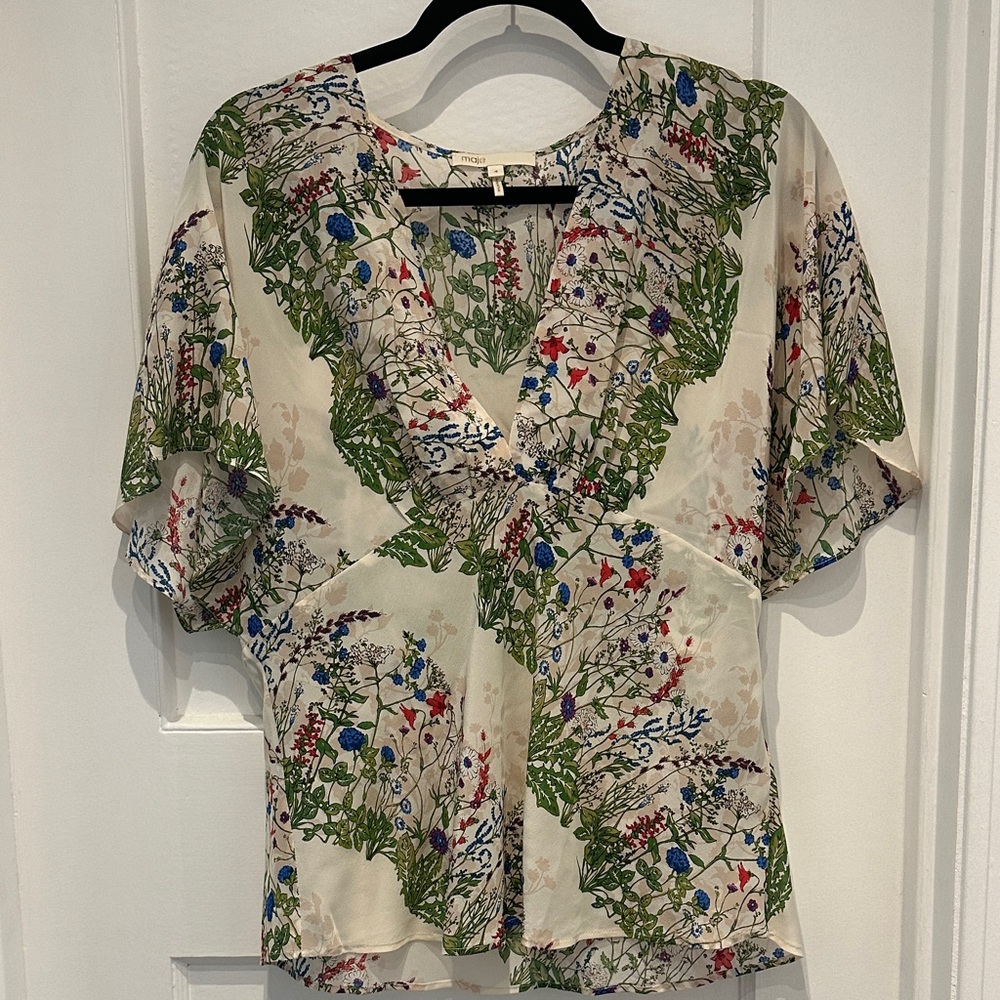 Maje Cream Floral Blouse with Green and Blue Accents Silk